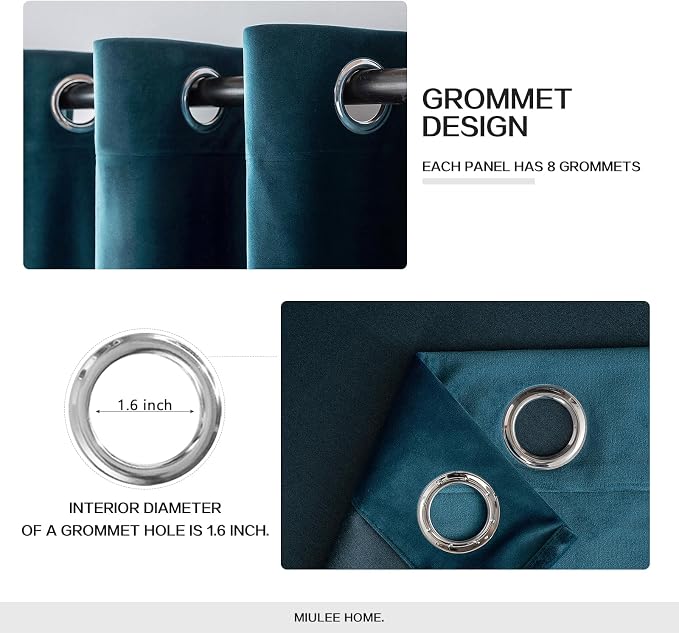 MIULEE Velvet Curtains Peacock Blue 52 x 84 Inch Length Set of 2 | Grommet - Image 2