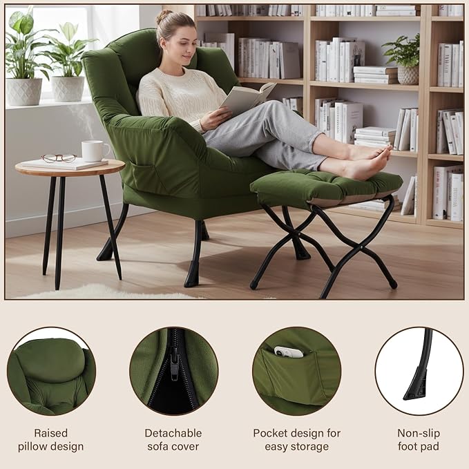 Welnow Lazy Chair with Ottoman, Reading Chair with Footrest，Army Green | A Side - Image 4