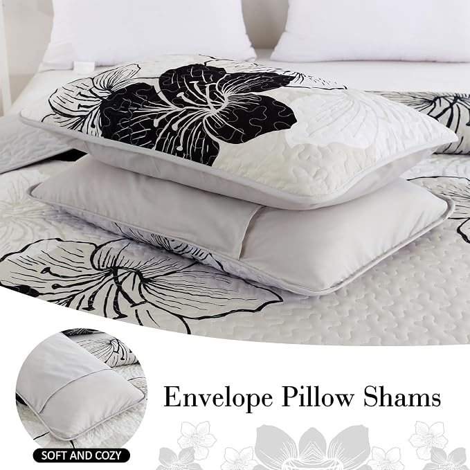 DJY Black White Quilt Queen Size, Boho Floral Bedding Bedspread Set 3 Pcs | - Image 7