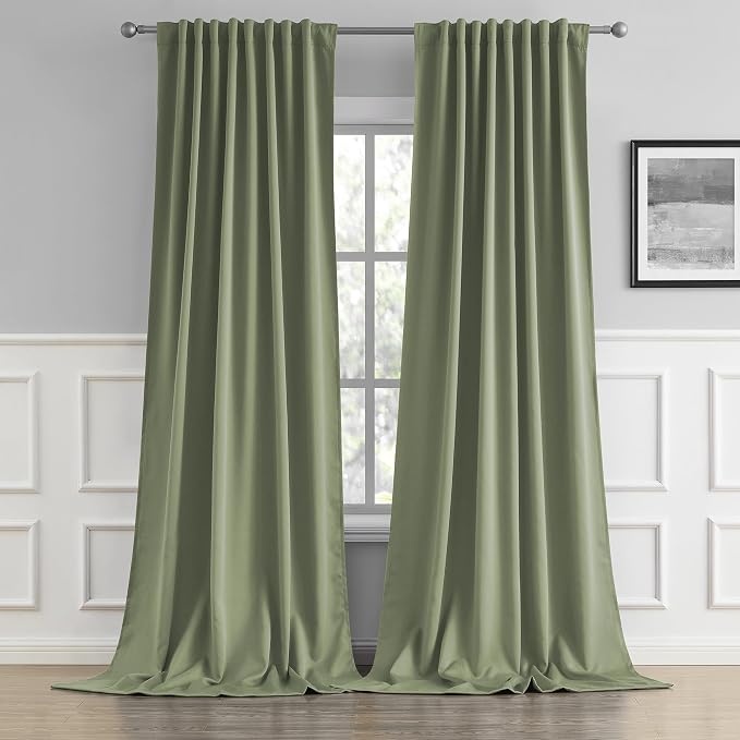 Light Sage Green Curtains 108 Inches Long Back Tab/Rod Pocket Room Darkening by DUALIFE