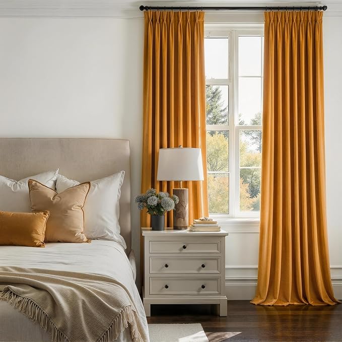 Mustard Yellow Velvet Pleated Curtains 84 Inches Long - Image 6