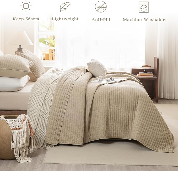 CozyTide Stone-Washed Cotton Queen Quilt, Wheat Stitching Queen Quilt Bedding - Image 2