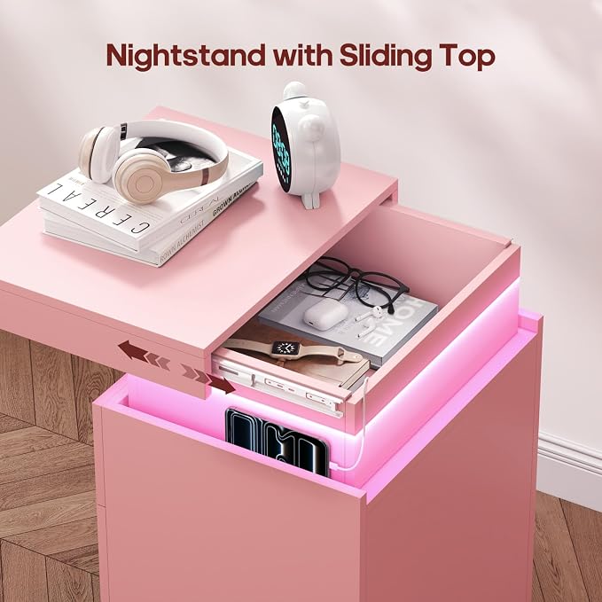 ADORNEVE Pink Nightstand with Charging Station and LED Lights | Night Stand - Image 4