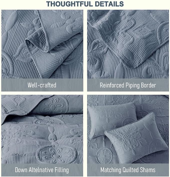 B2EVER Blue Damask Quilt Twin Size Bedding Sets - Image 6