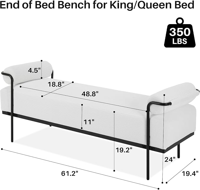 SOFTHION 61.2" End of Bed Bench, Corduroy Upholstered Entryway Bench, Footrest - Image 2