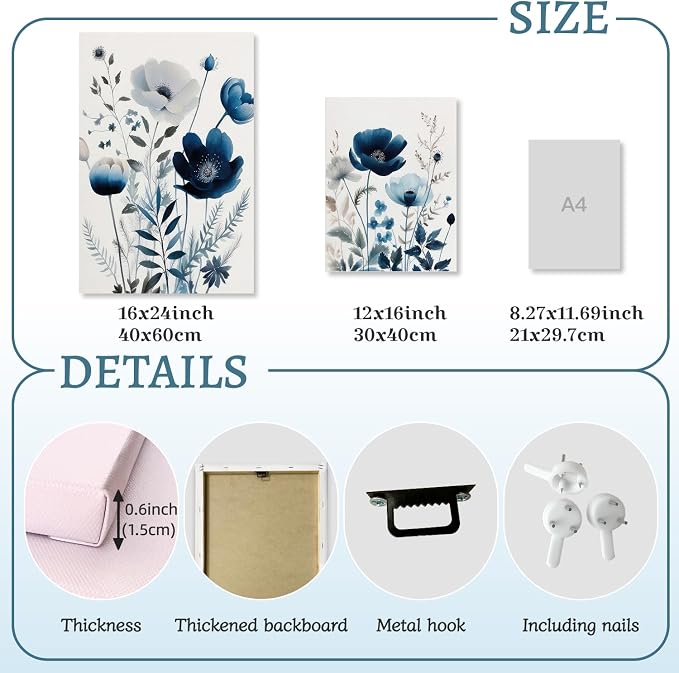 LLEEMPI Framed Navy Blue Floral Wall Art Set of 3, 12x16 Inch Canvas Prints | - Image 7