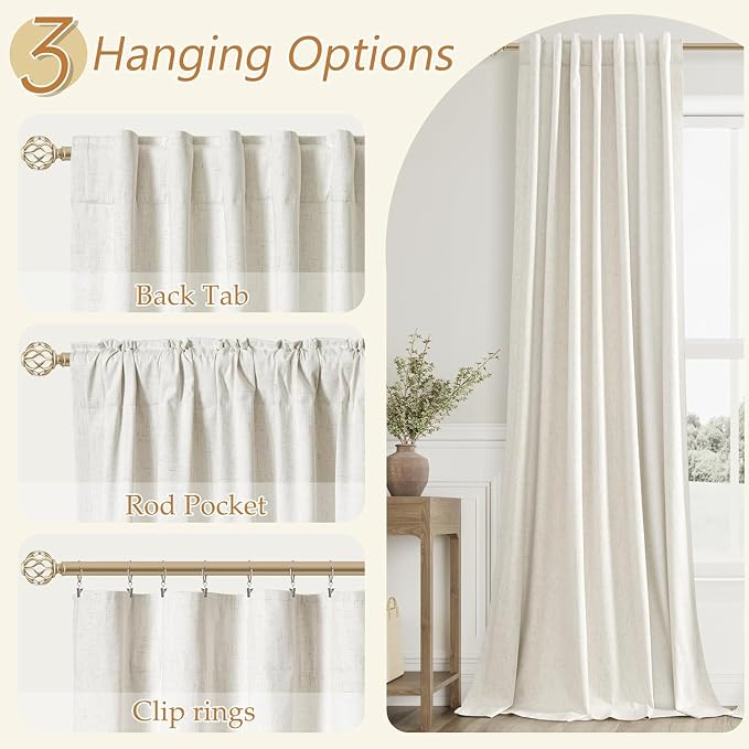 100% Blackout Linen Curtains for Bedroom 82 Inches Long Natural Cream Black Out - Image 6