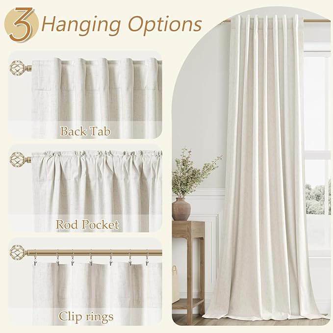 100% Blackout Linen Curtains for Bedroom 74 Inches Long Natural Cream Black Out - Image 6