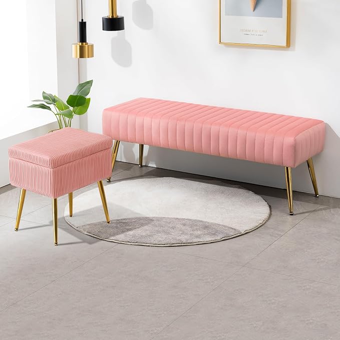 44 Inch Velvet Bench, Upholstered Tufted Striped Fabric Bedroom Bench - Image 9