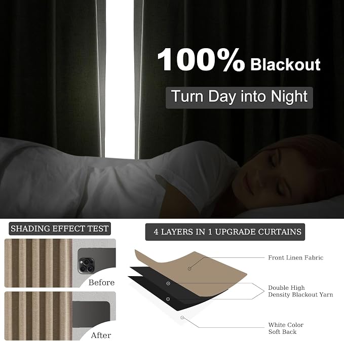 Topfinel 102 Inches Long Custom Blackout Linen Curtains, Pinch Pleated Noise - Image 6