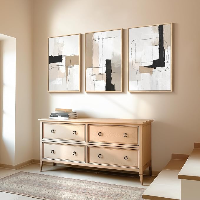 Framed Neutral Abstract Wall Art Set of 3, Modern Black and White Beige Canvas - Image 4