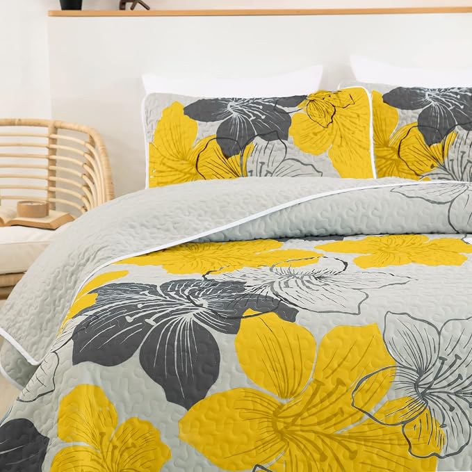 DJY 3 Pieces Quilt Set Queen Yellow Floral Pattern Quilt Coverlet Elegant Boho - Image 8
