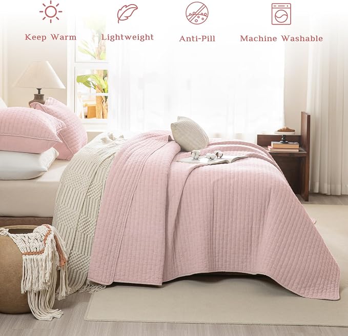 CozyTide Stone-Washed Cotton Queen Quilt, Blush Pink Stitching Pattern - Image 2