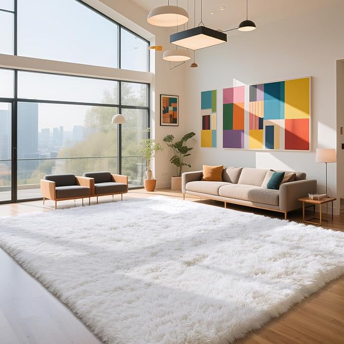White 9x12 Area Rugs for Living Room, Fluffy Shag Rug Large Bedroom Carpet | by Yongyangjuxi