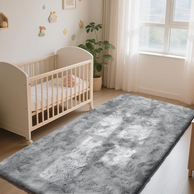 Mottled Light Grey 2x6 Rug for Bedroom, Fluffy Rug Small Rug Bedside Carpet | - Image 4