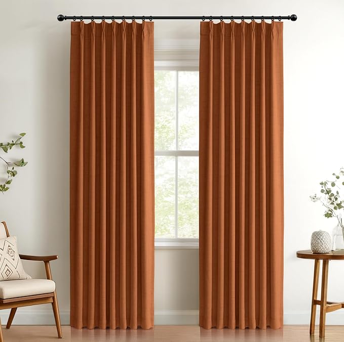 Pinch Pleated Full Blackout Faux Linen Curtains 102 Inches Long | Burnt Orange by 100BlackoutShield