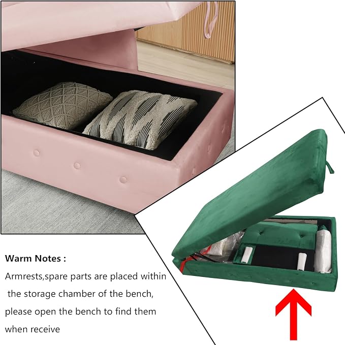 Aoowow Pink Velvet Bedroom Storage Bench End of Bed, Rolled Arm Couch Indoor - Image 5
