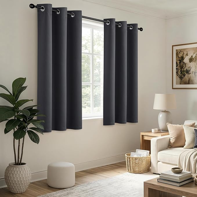 Short Dark Grey Blackout Kitchen Curtain W40 x L54 Inch 2 Panels | Thermal - Image 5