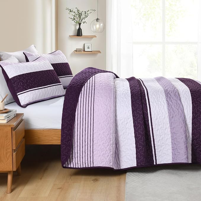 Dinjoy Queen Boho Striped Quilt Set, Breathable All-Season, 3-Piece Set Fits - Image 7