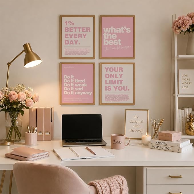 DSHFG Pink Motivational Inspirational Office Wall Art Decor Prints 4Pcs | Pink - Image 3