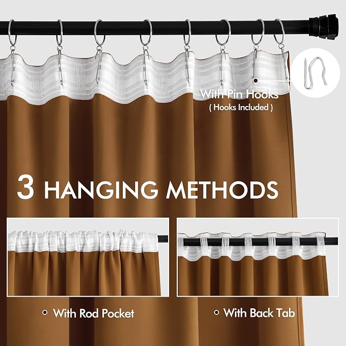 MIULEE Golden Brown Back Tab Blackout Curtains 52x72 Inches Long 2 Panels | Rod - Image 3
