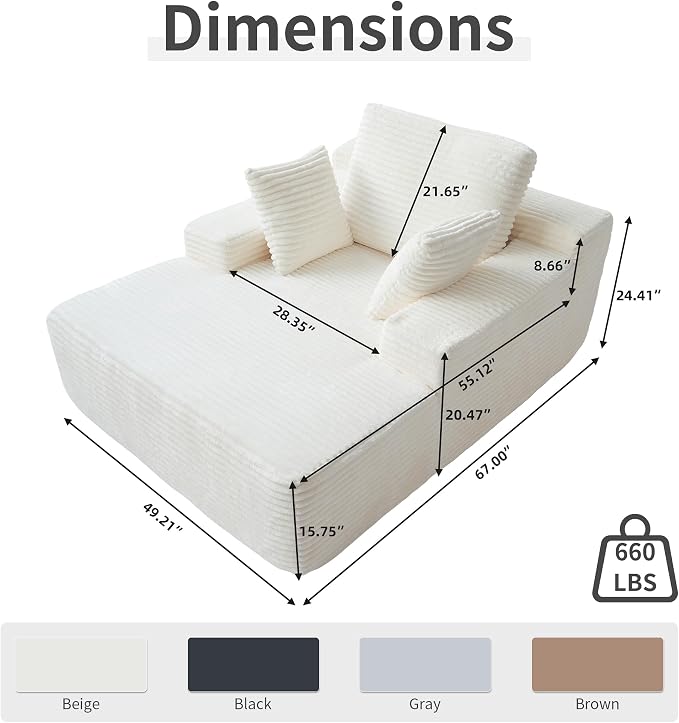 Oversized Chaise Lounge Chair Indoor, Plush Corduroy Boneless Sofa Bed - Image 2