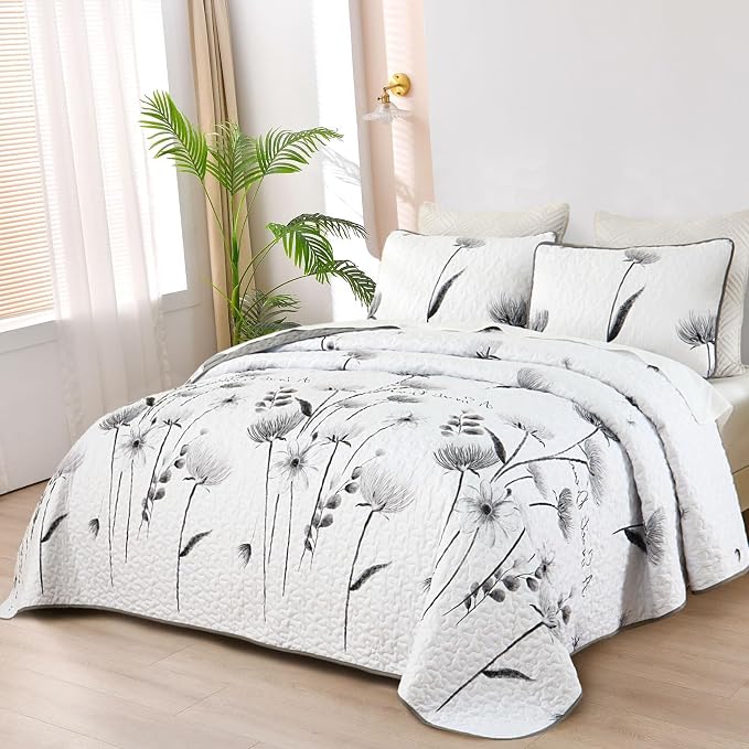 Dinjoy Floral Quilt Set California King Size, Cute Grey Flower Bedspreads | 3 - Image 3