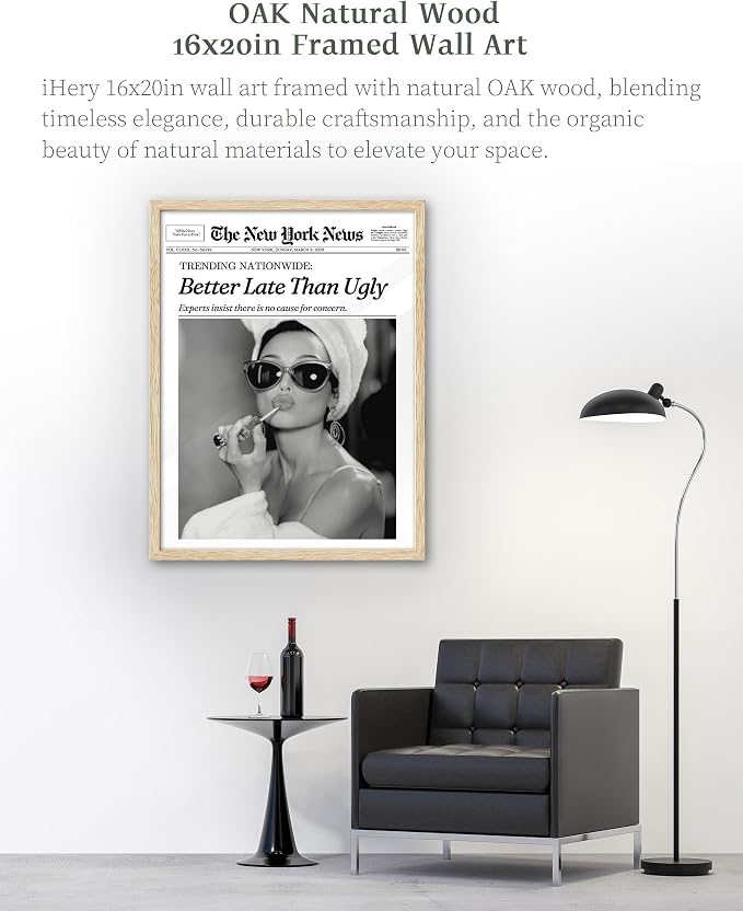 iHery 16x20in Audrey Hepburn Better Late Than Ugly Framed Bathroom Art | - Image 4