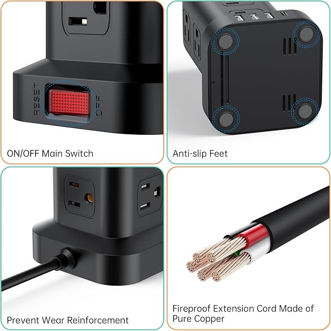 Extension Cord with Multiple Outlets, SMALLRT Power Strip Tower with USB Ports - Image 5