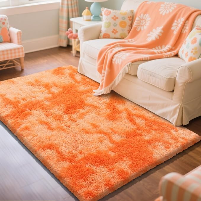 Mottled Orange 5x8 Area Rug for Bedroom, Fluffy Shag Rug Bedroom Carpet | - Image 2