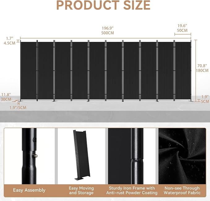 C-Hopetree 10 Panels Room Divider, 6 Ft Tall Indoor Folding Privacy Screen - Image 5