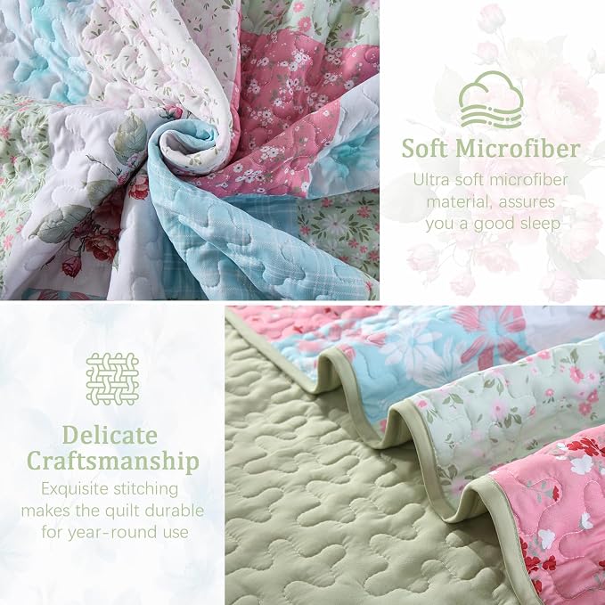 Mybedsoul Blue Pink Patchwork Queen Size Quilt, Soft Boho Floral Spring - Image 6