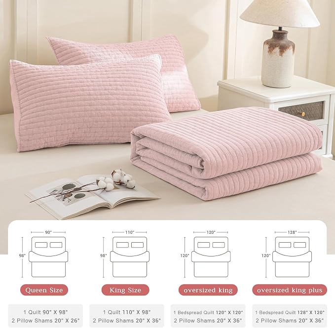 CozyTide Stone-Washed Cotton Queen Quilt, Blush Pink Stitching Pattern - Image 7