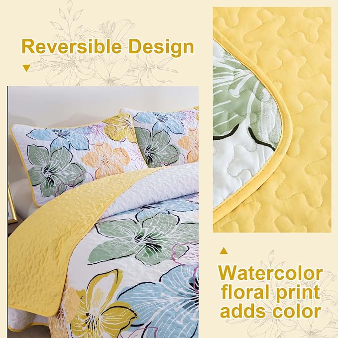 DJY 3 Pieces Quilt Set Queen Size Yellow Floral Pattern, Colourful Floral - Image 4