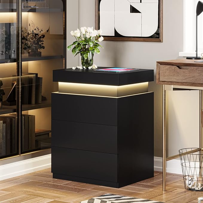 ADORNEVE Black Nightstand with Charging Station and LED Lights | Modern Night - Image 6