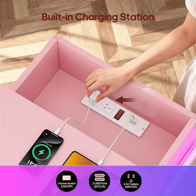 ADORNEVE Pink Nightstand with Charging Station and LED Lights | Night Stand - Image 3