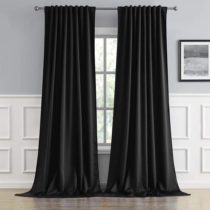 Black Blackout Curtains 102 Inches Long 2 Panels, Back Tab & Rod Pocket Thermal by DUALIFE