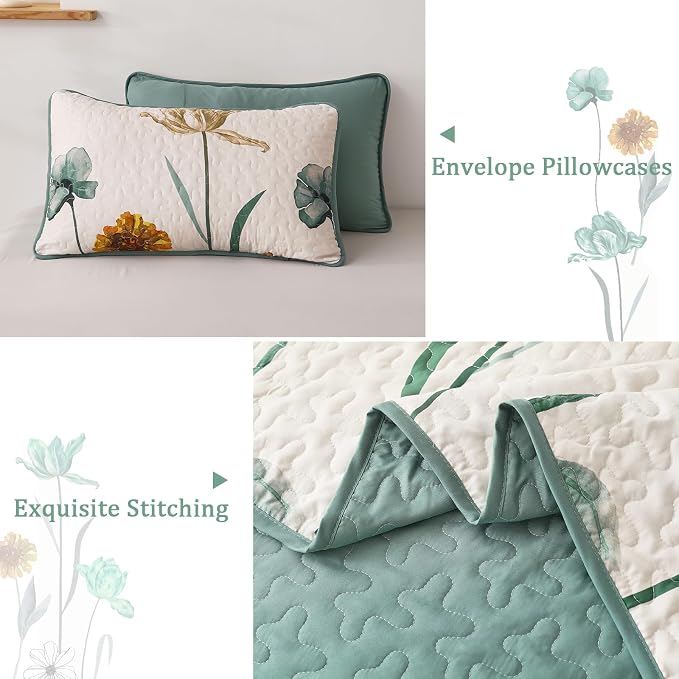 WONGS BEDDING Floral Quilt Set Queen Size, Aqua Botanical Coverlet | Farmhouse - Image 5