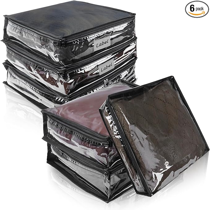Clear Zippered Plastic Clothes Storage Bags, 6 Pack, Size: 12 x 12 x 4 Inch by Heonay
