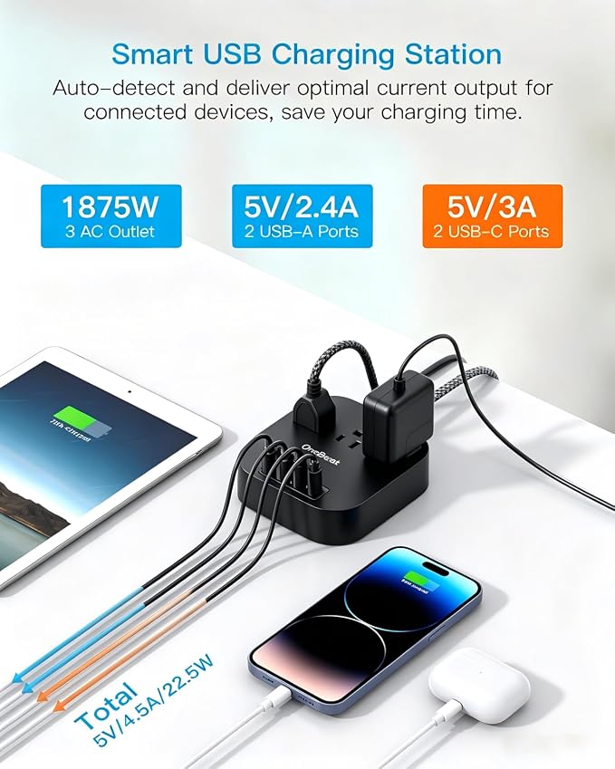 One Beat Power Strip with USB C, 3 Outlets 4 USB Ports, 10ft Braided Extension - Image 2