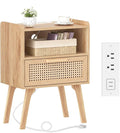 Lerliuo Rattan Nightstand with Charging Station, Boho Night Stand | Handmade by Lerliuo