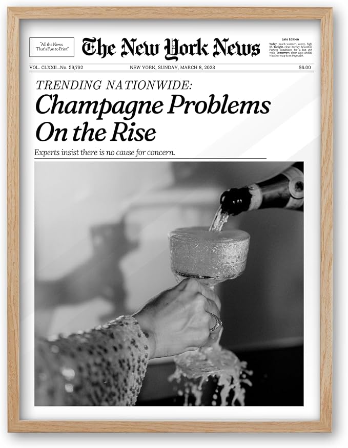 iHery 12x16in Champagne Problems on the Rise Framed Newspaper Art | Natural OAK by iHery