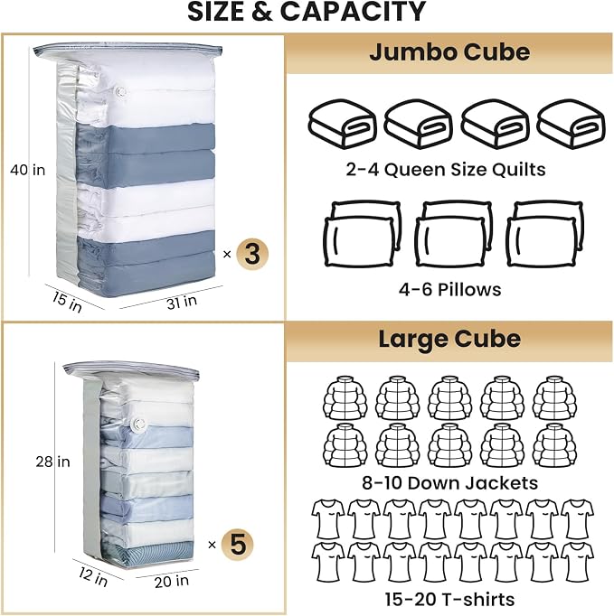 TAILI 8 Pack Vacuum Storage Bags, Cube Combo, Cream | Vacuum Seal Bags - Image 2