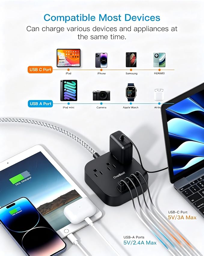 One Beat Power Strip with USB C, 3 Outlets 4 USB Ports, 6ft Short Braided - Image 6