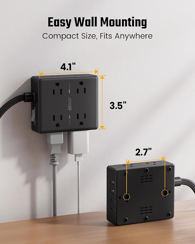 SUPERDANNY Extension Cord, Flat Plug Surge Protector Power Strip, 10Ft | 8 AC & - Image 7