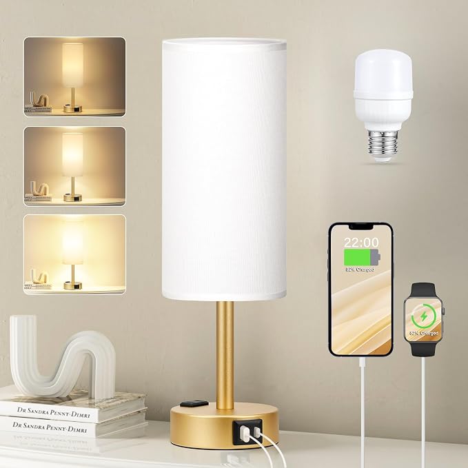 Gold Touch Lamp for Bedroom- 3 Way Dimmable Bedside Lamp USB C A Charging Ports by Fenmzeelighting