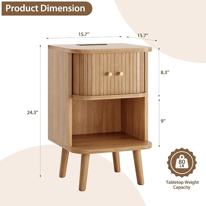Decofy Fluted Nightstand with Charging Station & Sliding Door, Oak | Open Shelf - Image 2