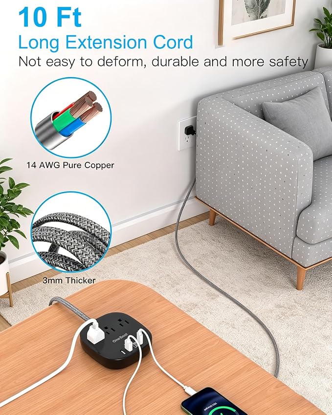 10 Ft Long Extension Cord, 22.5W/4.5A Flat Plug Power Strip, Power Strip No - Image 2