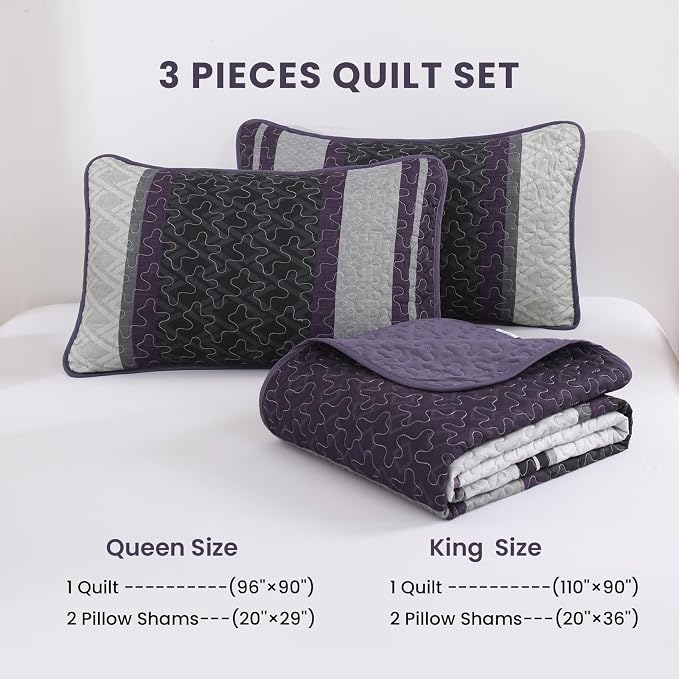 Dinjoy California King Quilt Set Purple, Striped Bedspread, Bedding Sets | 3 - Image 6