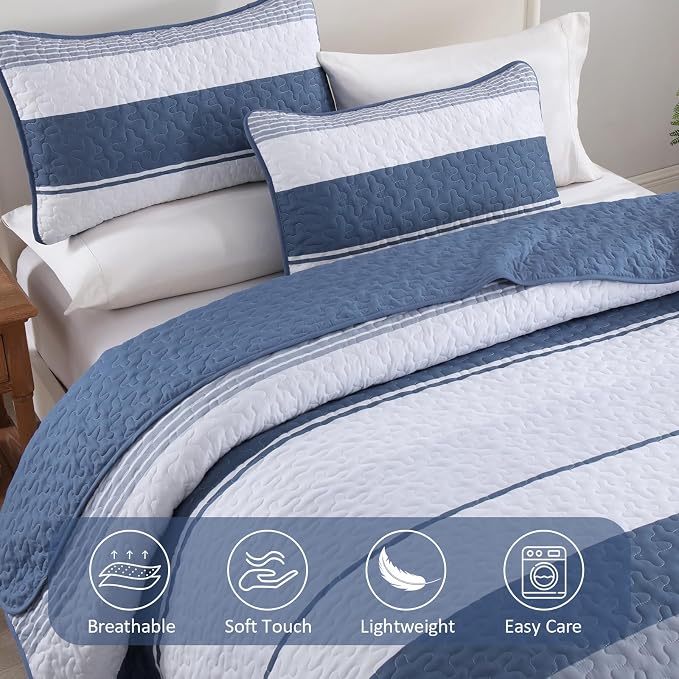 Dinjoy King Boho Striped Quilt Set, Mineral Blue Lightweight Bedspread | Soft - Image 5